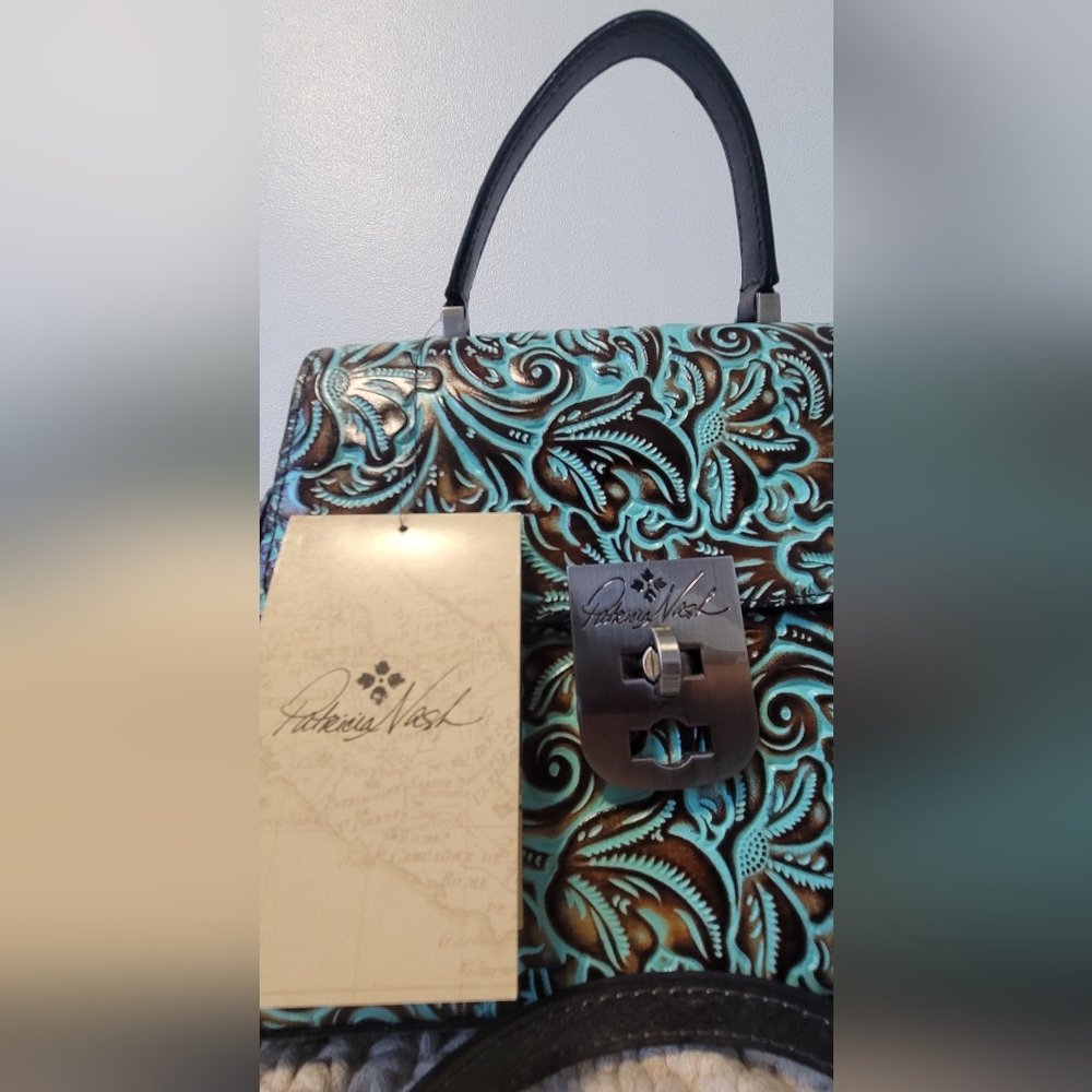 Patricia Nash Turquoise and Black Embossed Leather Bag - Picture 14 of 15